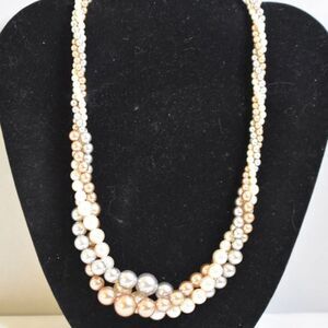 Vtg RMN Roman Twisted Multi Strand Gold/Silver /White Faux Pearl 18" Necklace